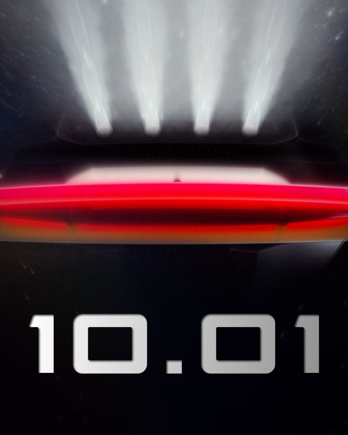 Tesla teaser image: a dark vehicle lit in red with four beams of light rising above it, and the date 10.01.