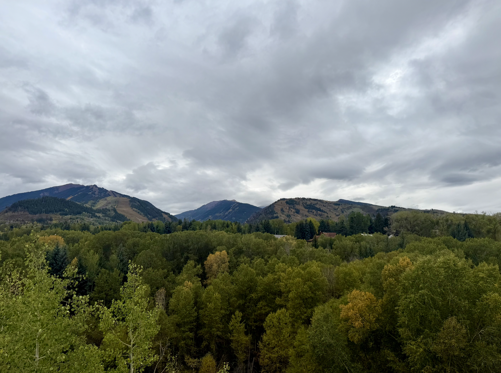 A green forested valley under a gray autumn sky, with mountains behind.
