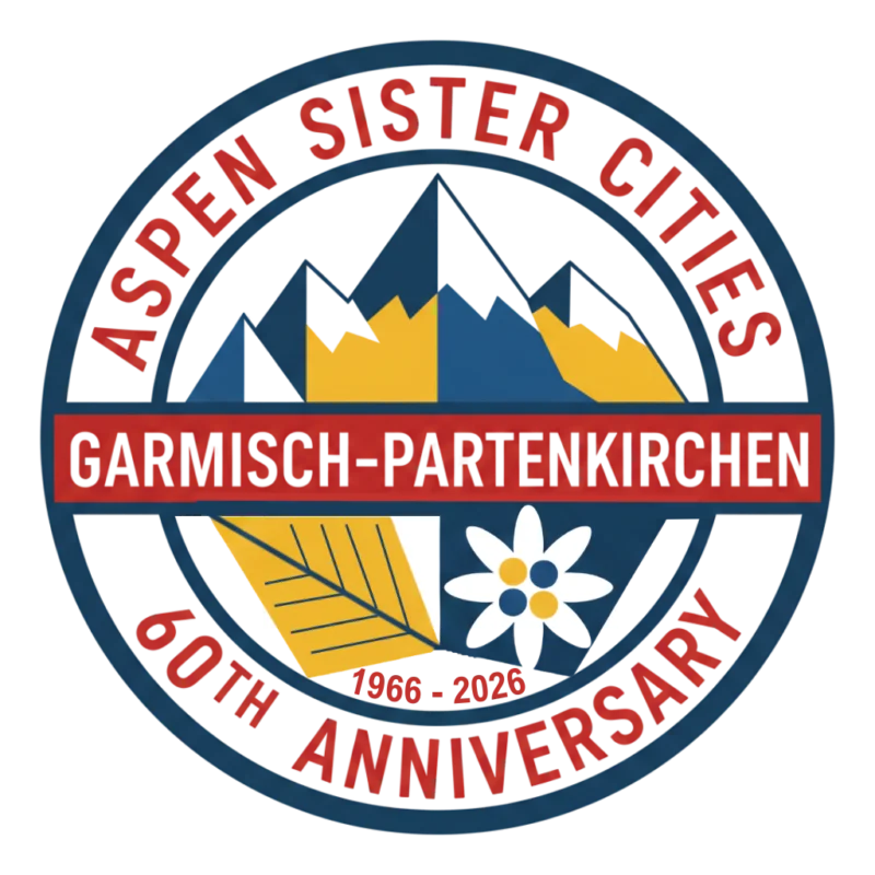 Round emblem for the Aspen Sister Cities 60th anniversary, 1966 to 2026, honoring Garmisch-Partenkirchen, with mountains, an aspen leaf and an edelweiss.
