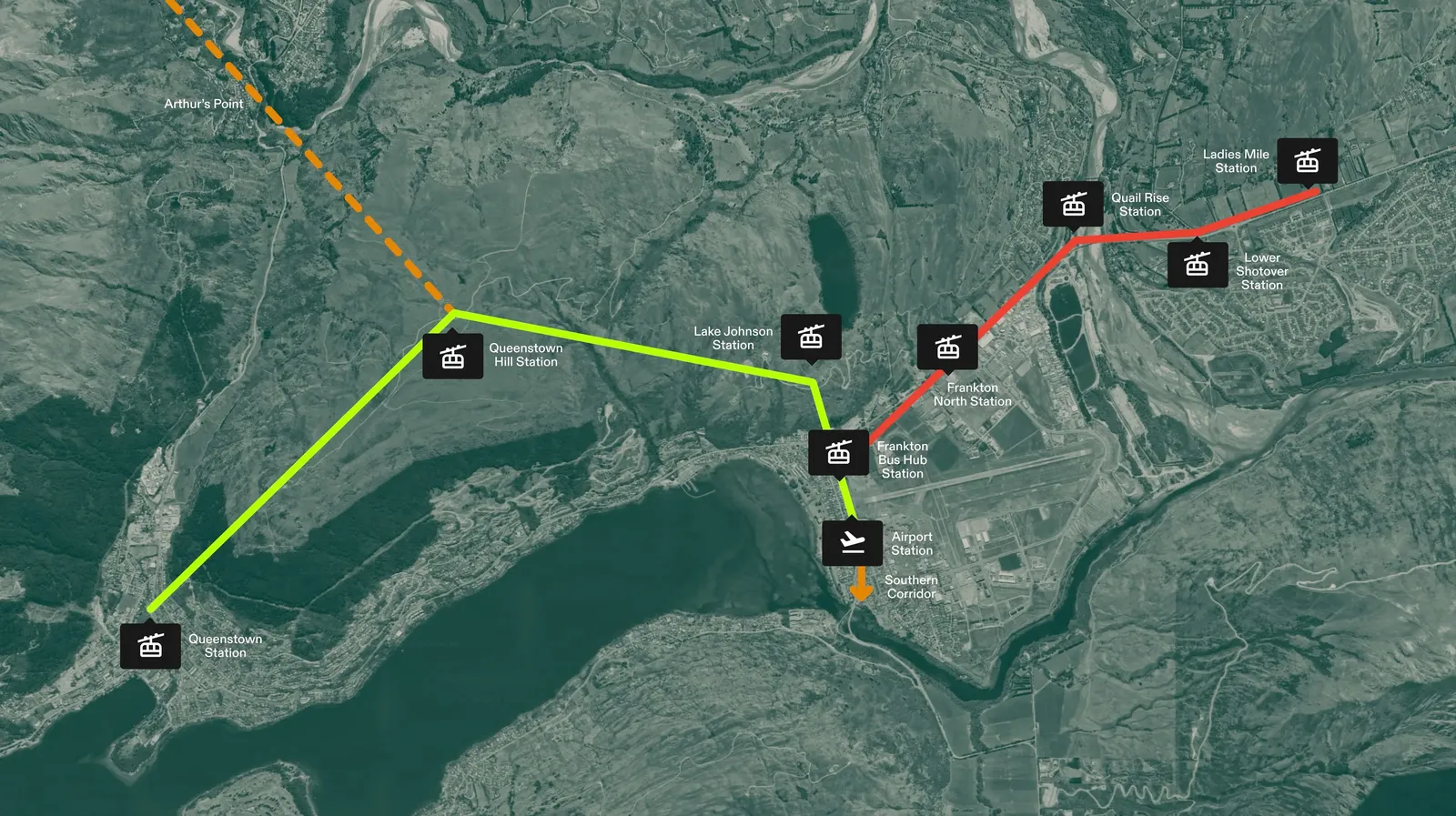 Satellite map of a proposed gondola network in Queenstown, New Zealand, with stations along green and red routes, including one at the airport.