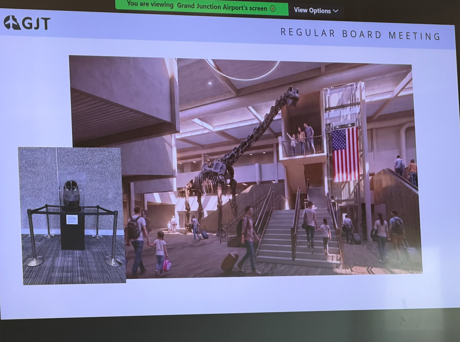 A slide from a Grand Junction Airport board meeting showing a terminal design with a dinosaur skeleton in the lobby.