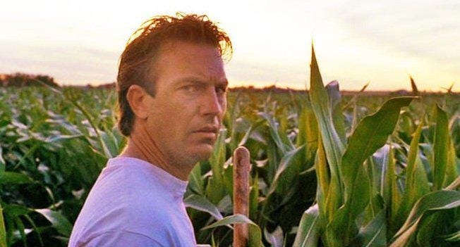 A man standing in a tall cornfield, looking off to the side.