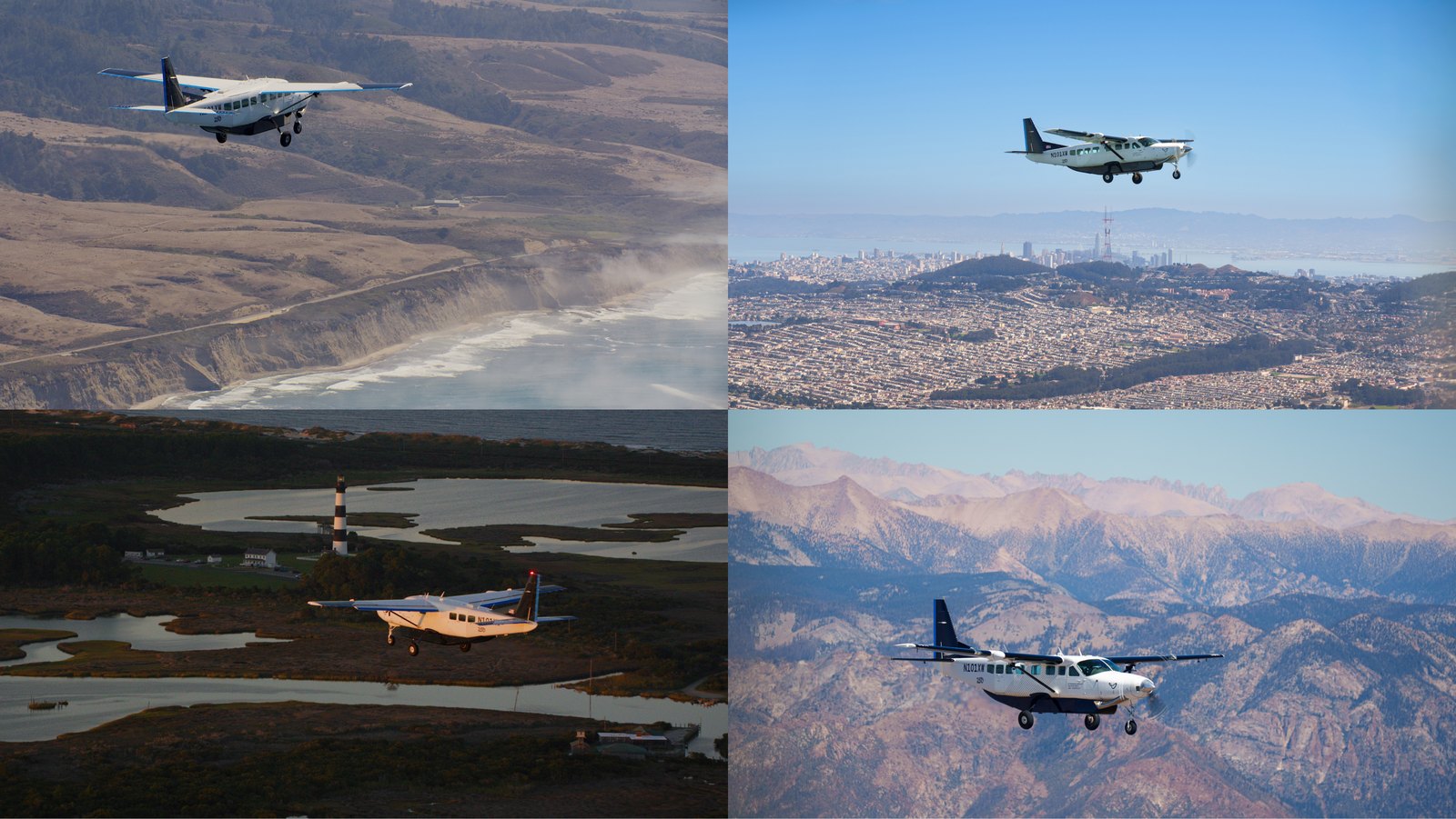 Four photos of a white single-engine turboprop airplane in flight: over a coastline, over a city, over a lighthouse and wetlands, and over mountains.