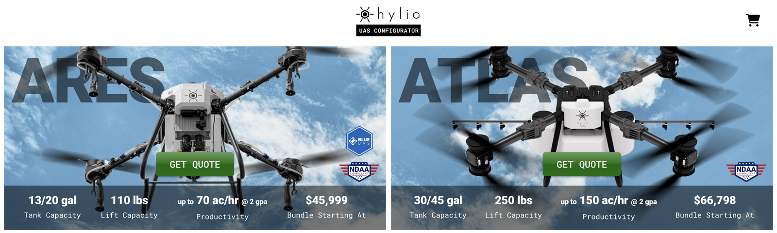 Hylio product listings for two spray drones: Ares, 13 or 20 gallon tank, 110 lb lift, from $45,999; Atlas, 30 or 45 gallon tank, 250 lb lift, from $66,798.