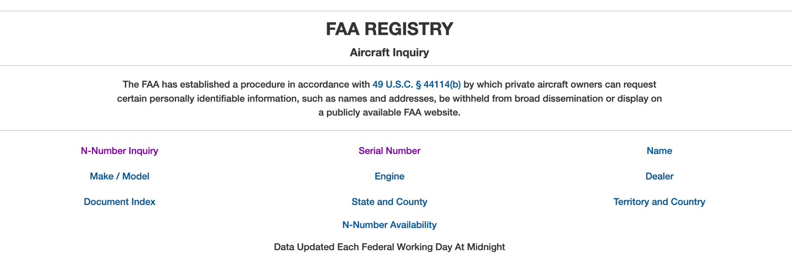 The FAA Registry aircraft inquiry page, with search options by N-number, serial number, name, make and model, engine, dealer, state and county, and territory and country.