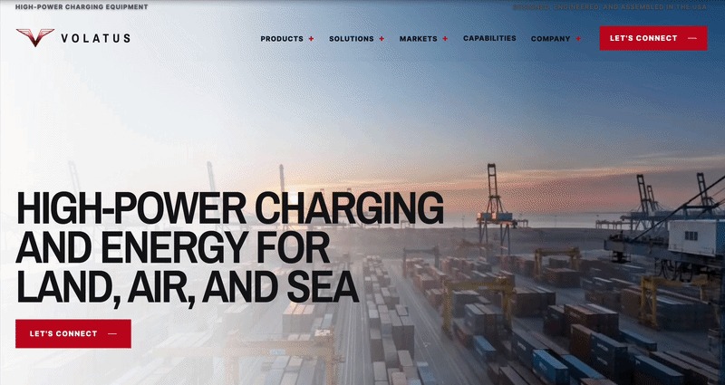 The Volatus website: High-power charging and energy for land, air and sea, over a shipping port at dusk.