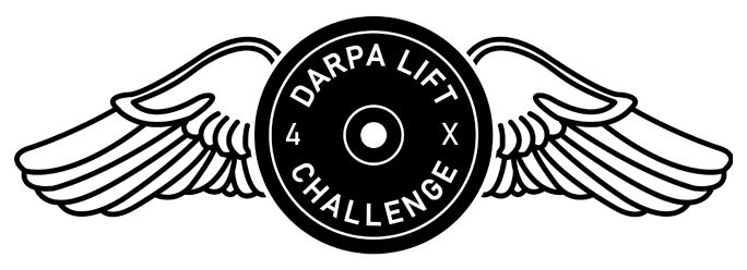 The DARPA Lift Challenge logo: a black weight plate marked 4X between two white wings.